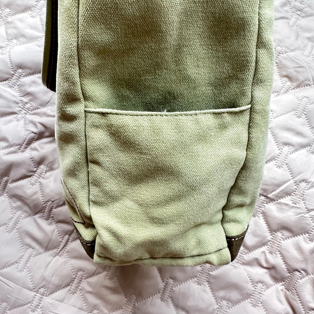 Vintage Sage Green Canvas Flower Tote Bag Brown Suede Trim Y2K Aesthetic - Picture 4 of 15